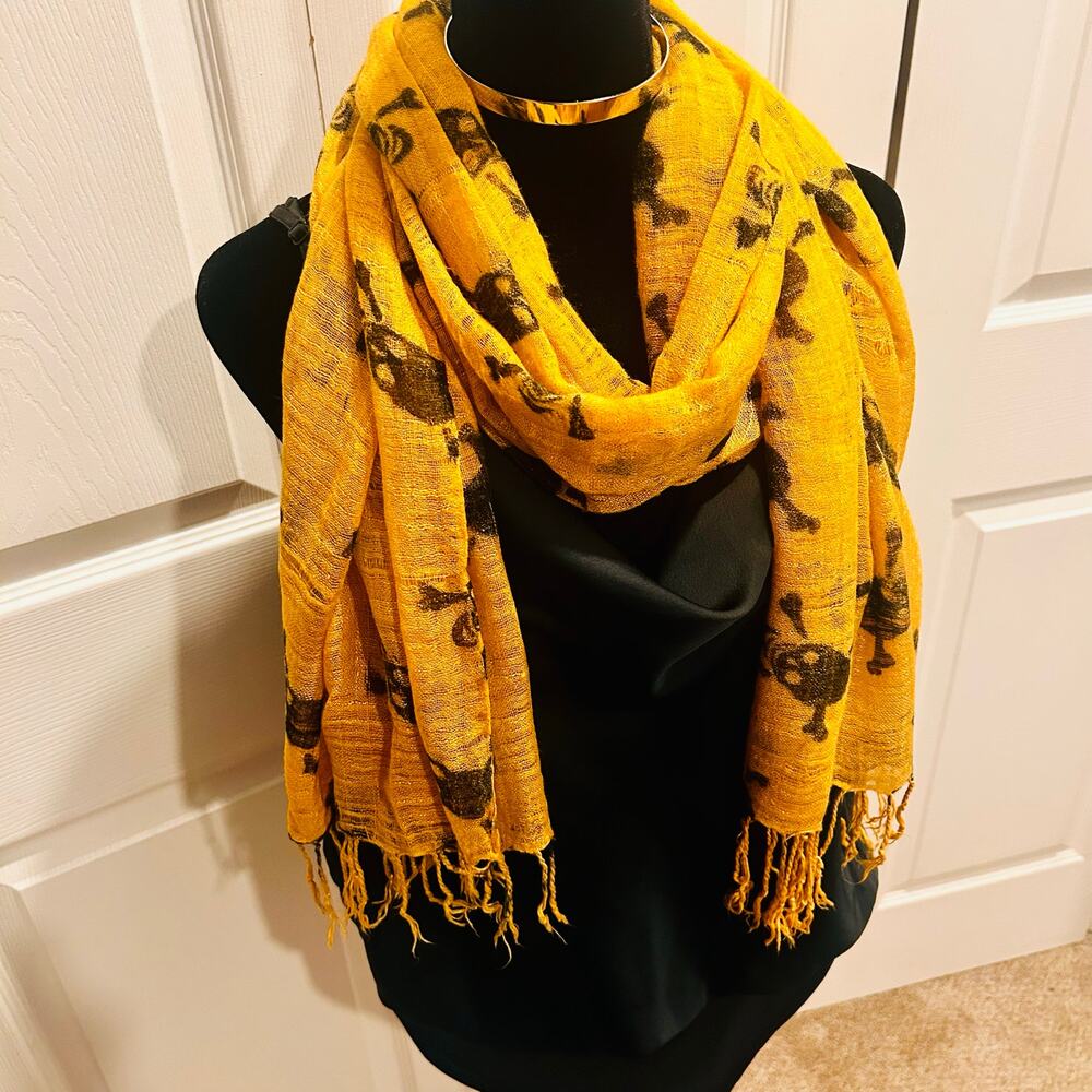 Liss Kiss Crossbones Print Scarf Mustard Yellow Large Lightweight Fringe - Picture 8 of 12